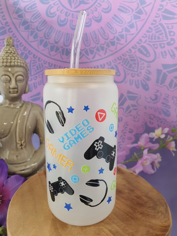 Drinkglas (blikvormige tumbler) met Bamboe deksel en rietje &