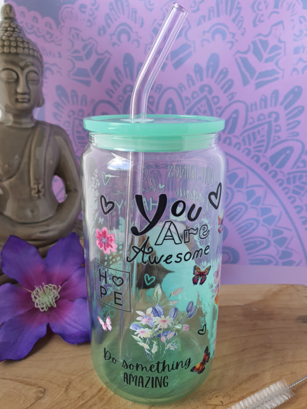 Drinkglas (blikvormige tumbler) met kunststof deksel en rietje &