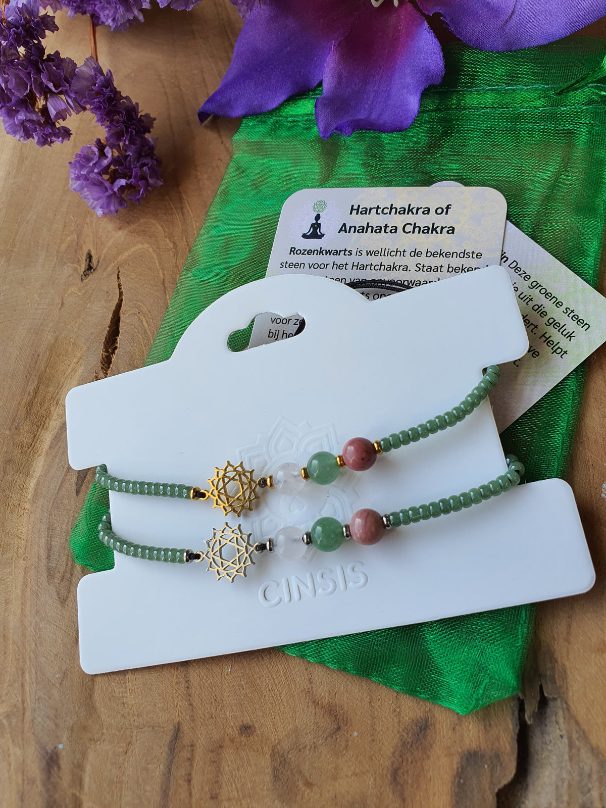Edelstenen Hartchakra Armband handgemaakt met RVS Symbool