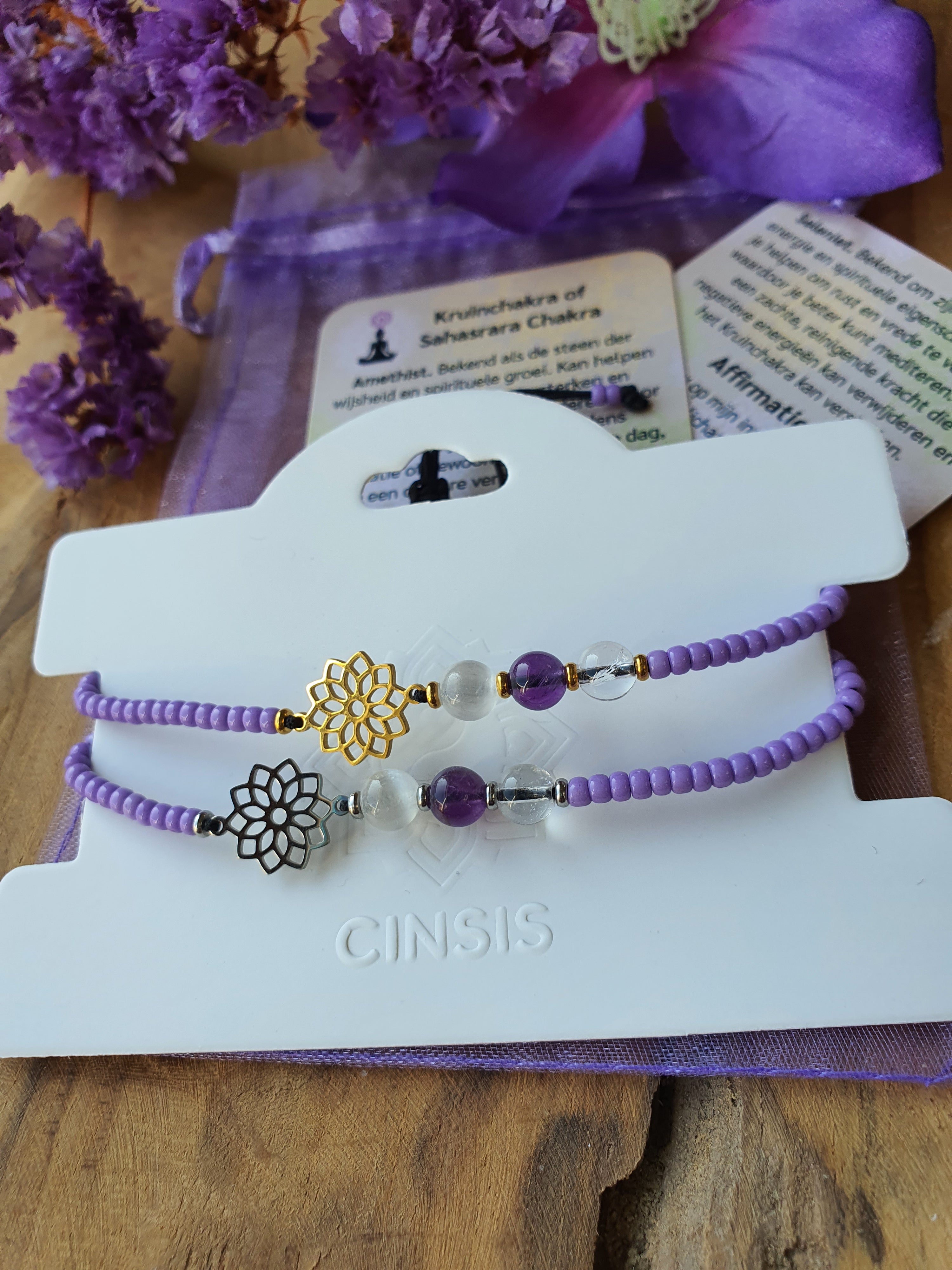 kruinchakra armband met paarse miyuki kralen