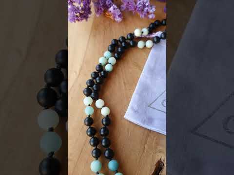 Edelstenen Mala Onyx met Amazoniet (matte kralen)